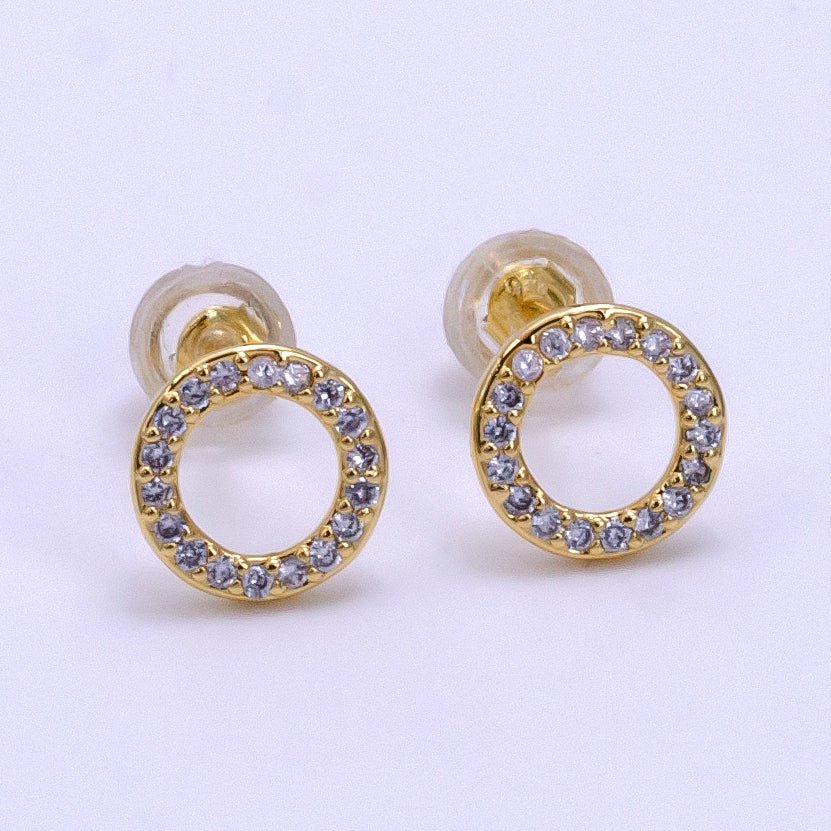 16K Gold plated 8mm Open Round Circle Micro Paved CZ Stud Earrings - DLUXCA