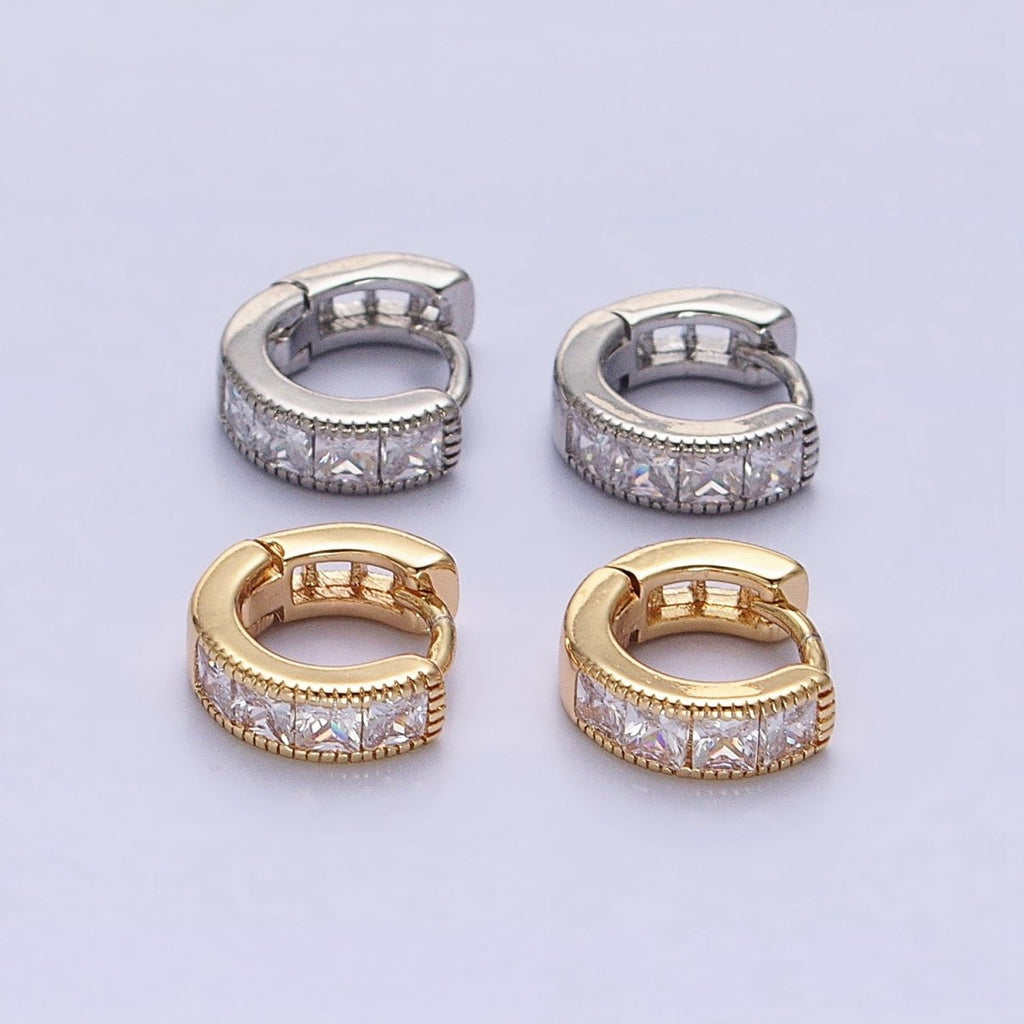 16K Gold plated 9mm Clear Square CZ Cartilage Huggie Earrings in Gold & Silver | AB1449 AB1450