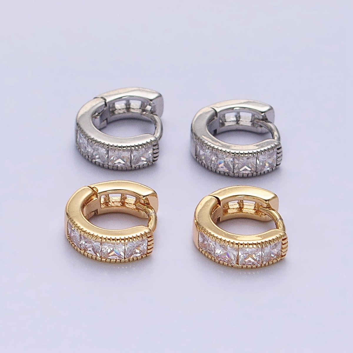 16K Gold plated 9mm Clear Square CZ Cartilage Huggie Earrings in Gold & Silver | AB1449 AB1450