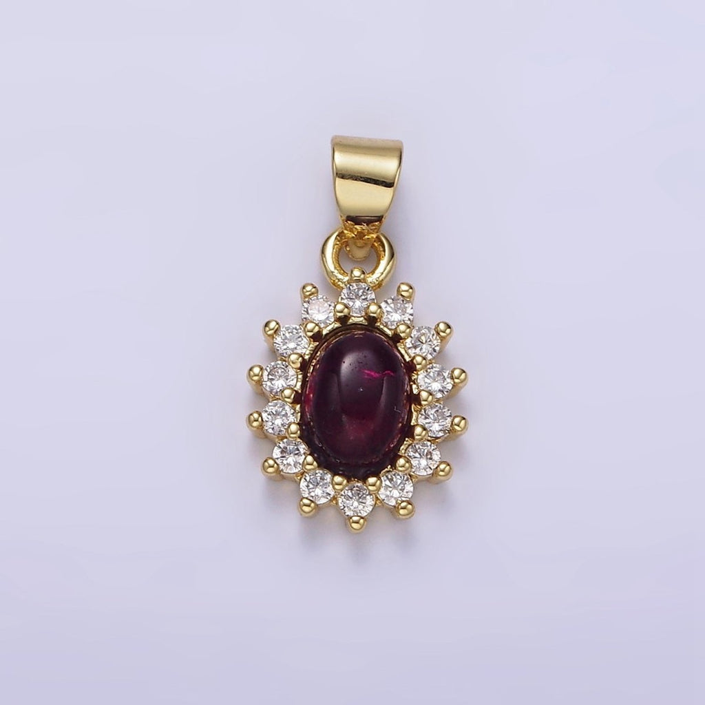 16K Gold plated Amethyst Cabochon Clear CZ Lined Oval Pendant | AA655 - DLUXCA