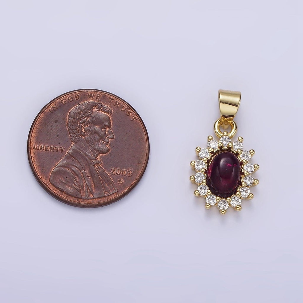 16K Gold plated Amethyst Cabochon Clear CZ Lined Oval Pendant | AA655 - DLUXCA