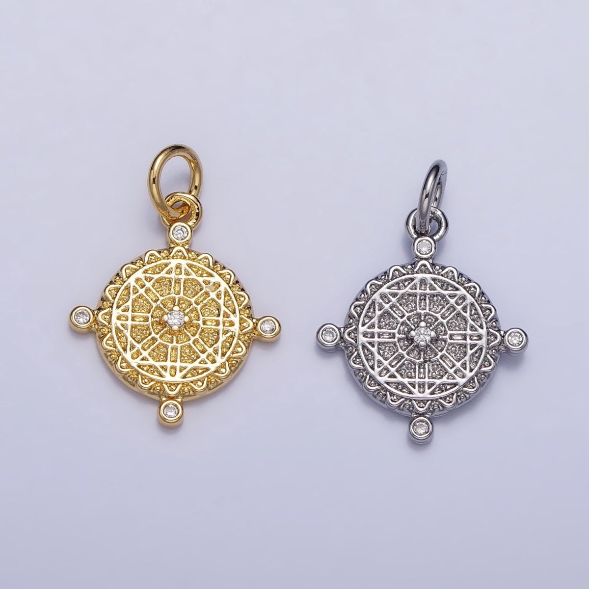 16K Gold plated Artisan Geometric Round Dotted CZ Charm in Gold & Silver | AC1290 AC1291