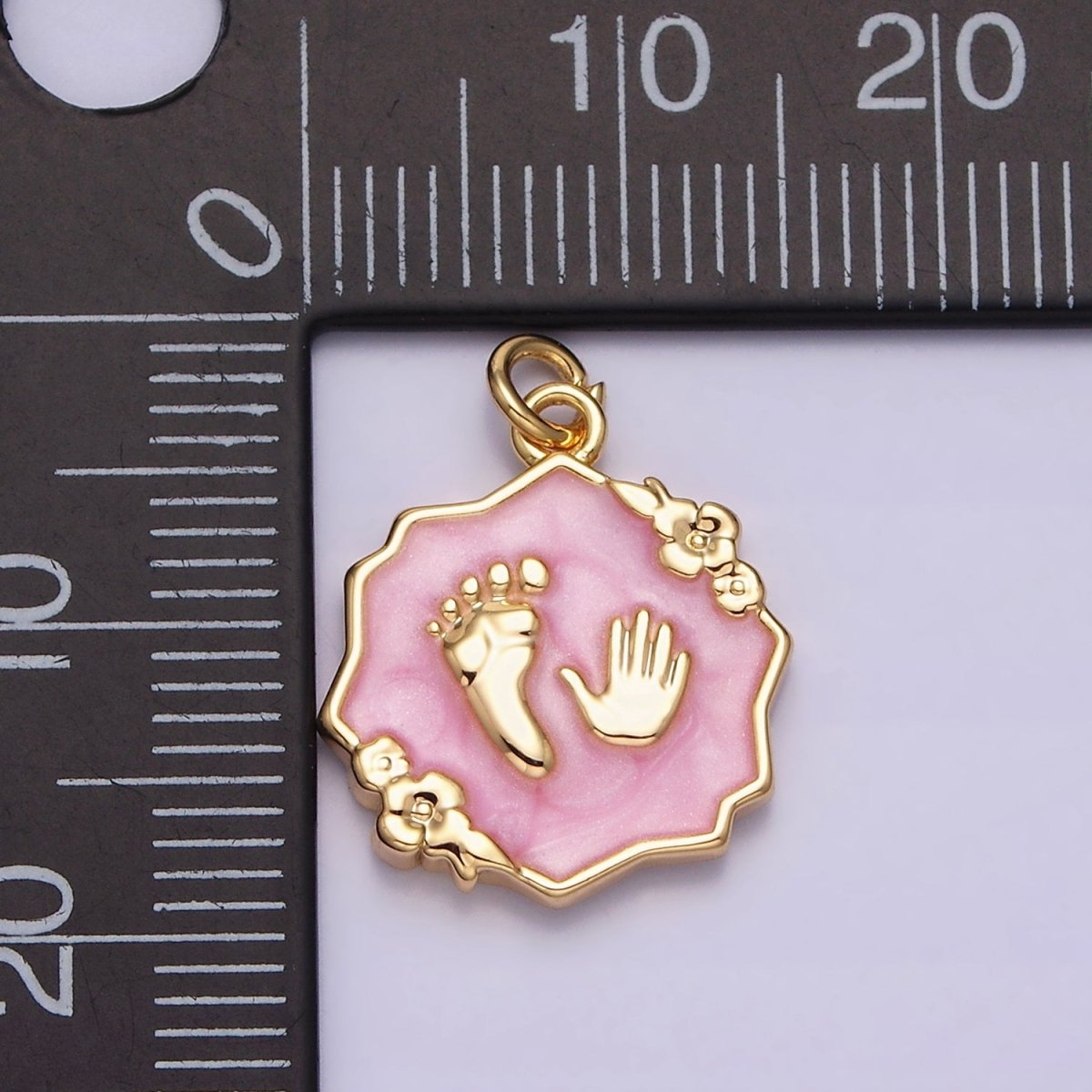 16K Gold plated Baby Shower Hand & Feet White, Pink, Blue Sparkly Enamel Flower Charm | AC1111 - AC1116 - DLUXCA