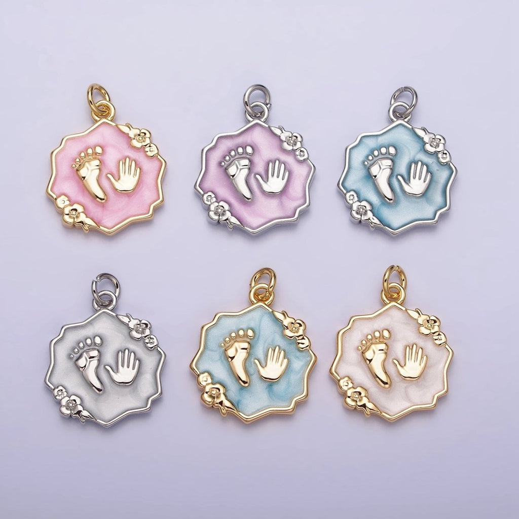 16K Gold plated Baby Shower Hand & Feet White, Pink, Blue Sparkly Enamel Flower Charm | AC1111 - AC1116 - DLUXCA