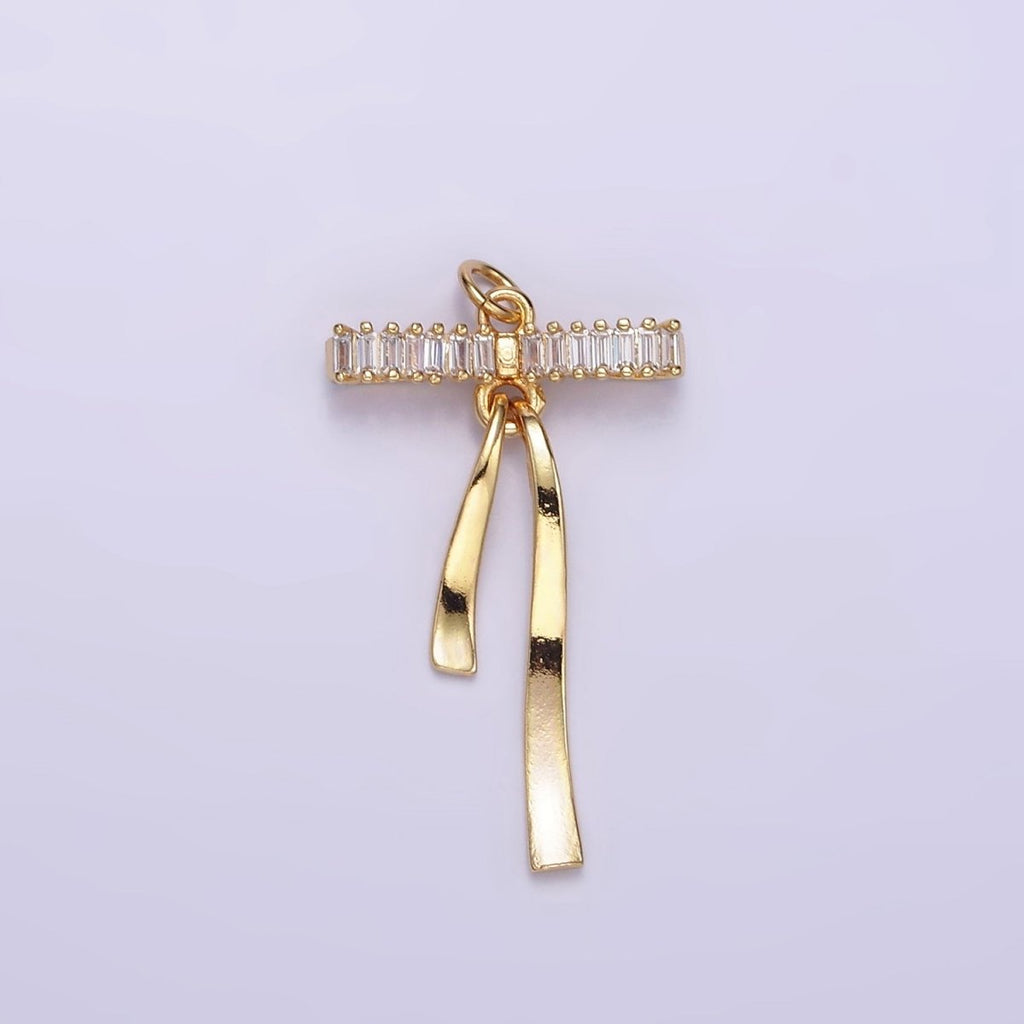 16K Gold plated Baguette Lined Ribbon Bow Charm in Gold & Silver | M113