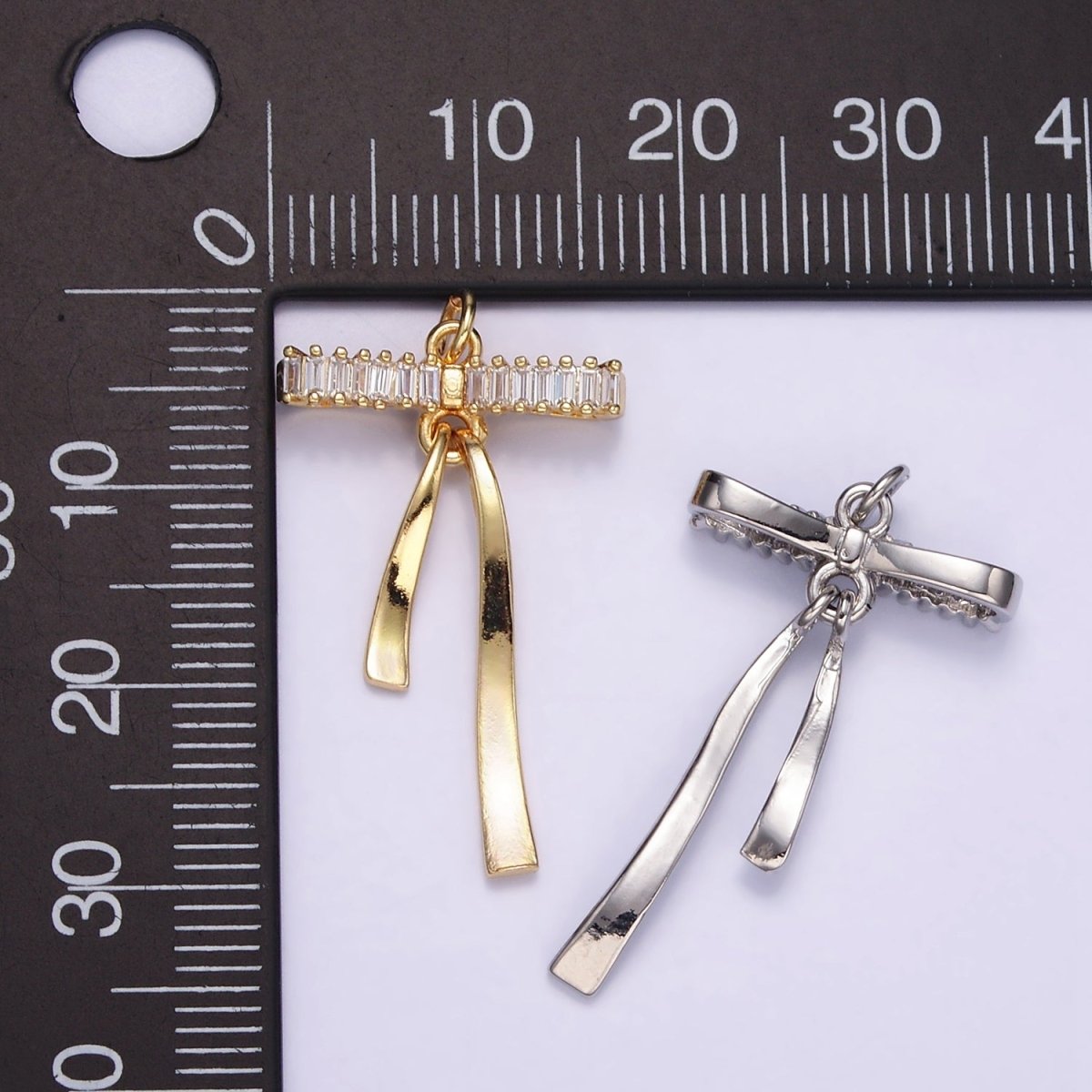 16K Gold plated Baguette Lined Ribbon Bow Charm in Gold & Silver | M113