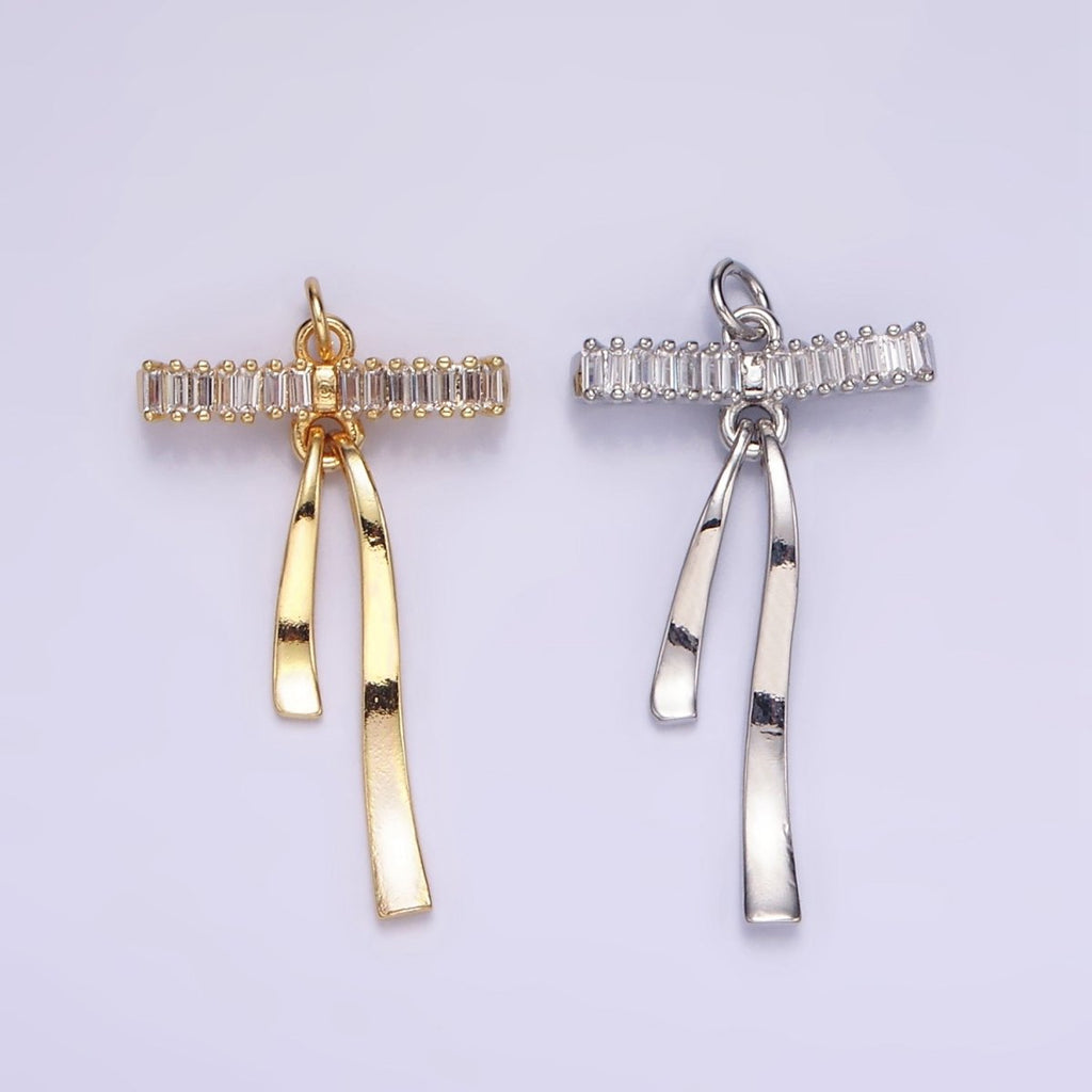 16K Gold plated Baguette Lined Ribbon Bow Charm in Gold & Silver | M113
