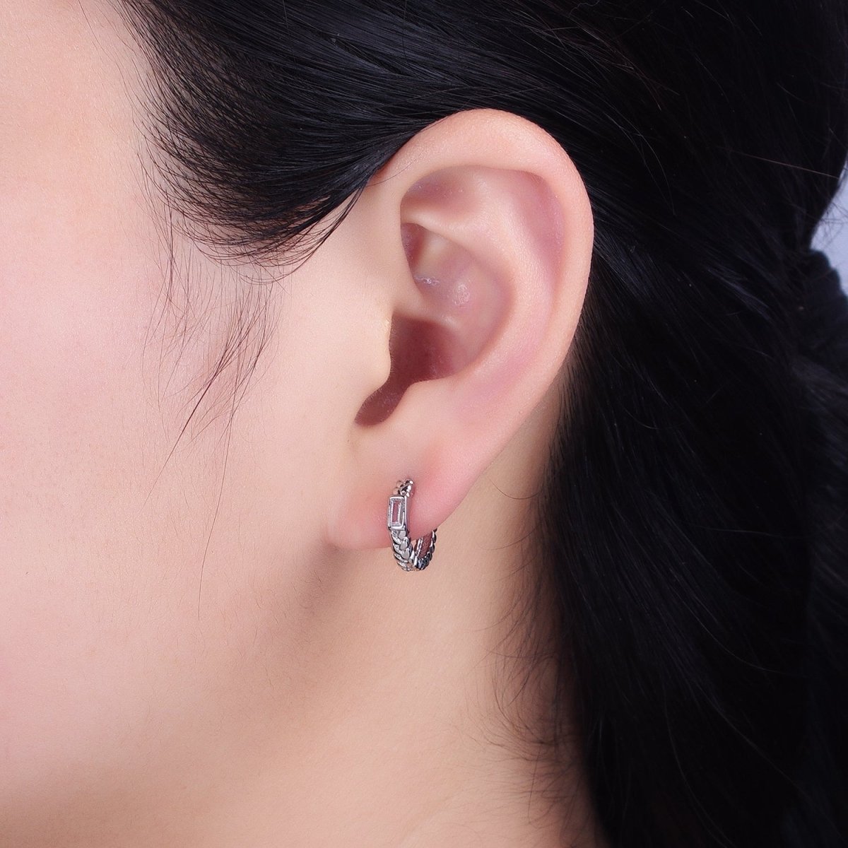 16K Gold plated Baguette Paddy Wheat 14mm Huggie Earrings in Gold & Silver | AB1439 AB1440 - DLUXCA