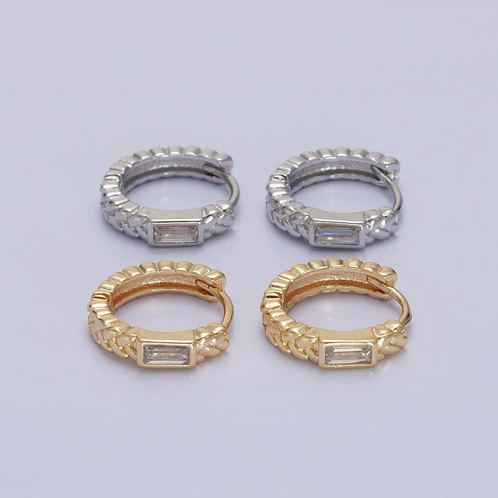 16K Gold plated Baguette Paddy Wheat 14mm Huggie Earrings in Gold & Silver | AB1439 AB1440 - DLUXCA
