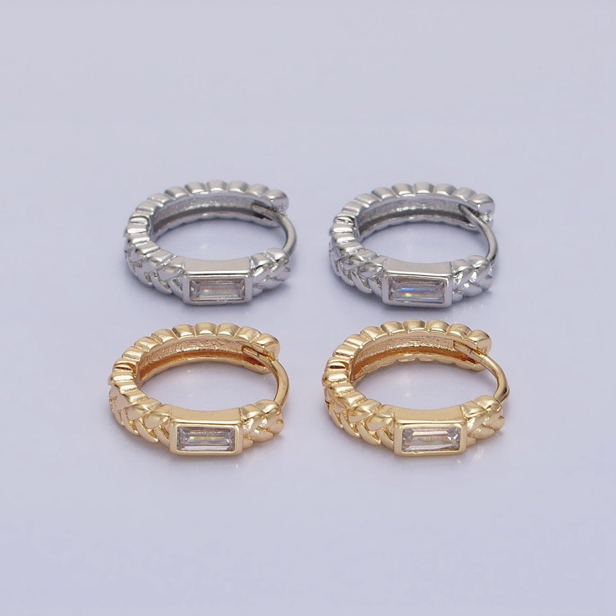 16K Gold plated Baguette Paddy Wheat 14mm Huggie Earrings in Gold & Silver | AB1439 AB1440 - DLUXCA