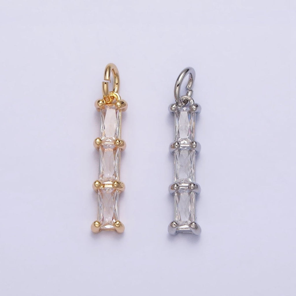 16K Gold plated Bamboo Clear Baguette CZ Linear Lined Charm in Gold & Silver | AC1225 AC1226 - DLUXCA