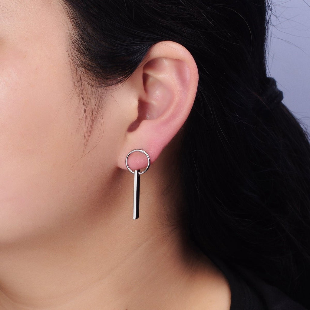 16K Gold plated Bar Drop Open Round Geometric Stud Earrings in Gold & Silver | AD824 AD825