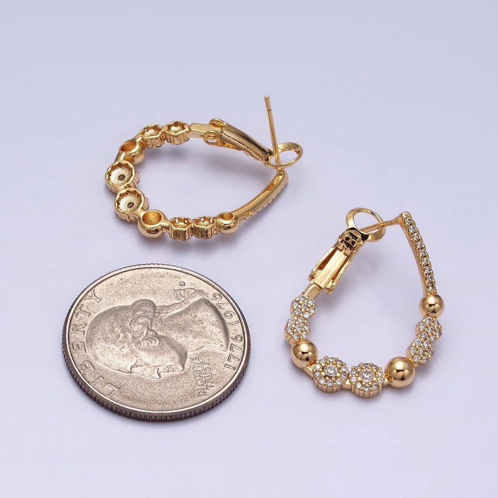 16K Gold plated Beaded Bubble Rounded Micro Paved CZ Teardrop Front-Facing Hinge Hoop Earrings in Gold & Silver | AD905 AD906