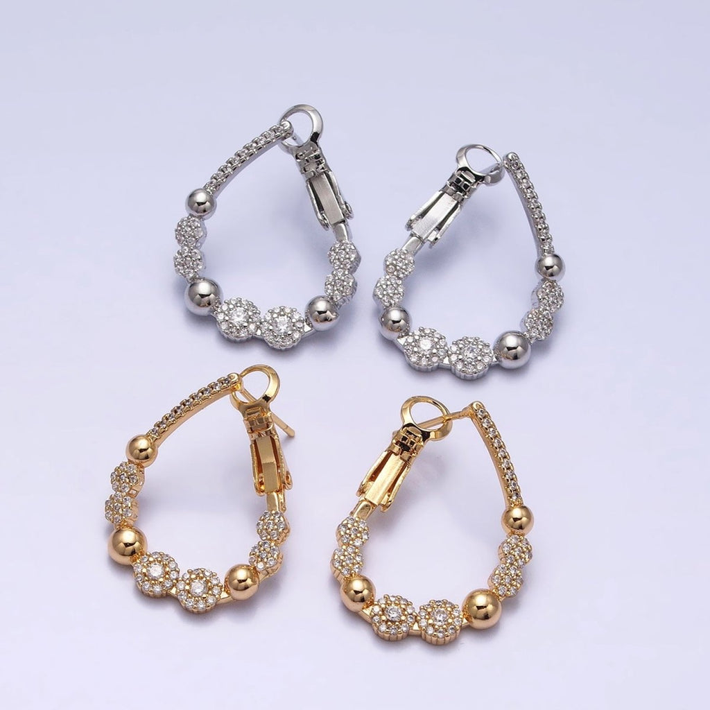 16K Gold plated Beaded Bubble Rounded Micro Paved CZ Teardrop Front-Facing Hinge Hoop Earrings in Gold & Silver | AD905 AD906