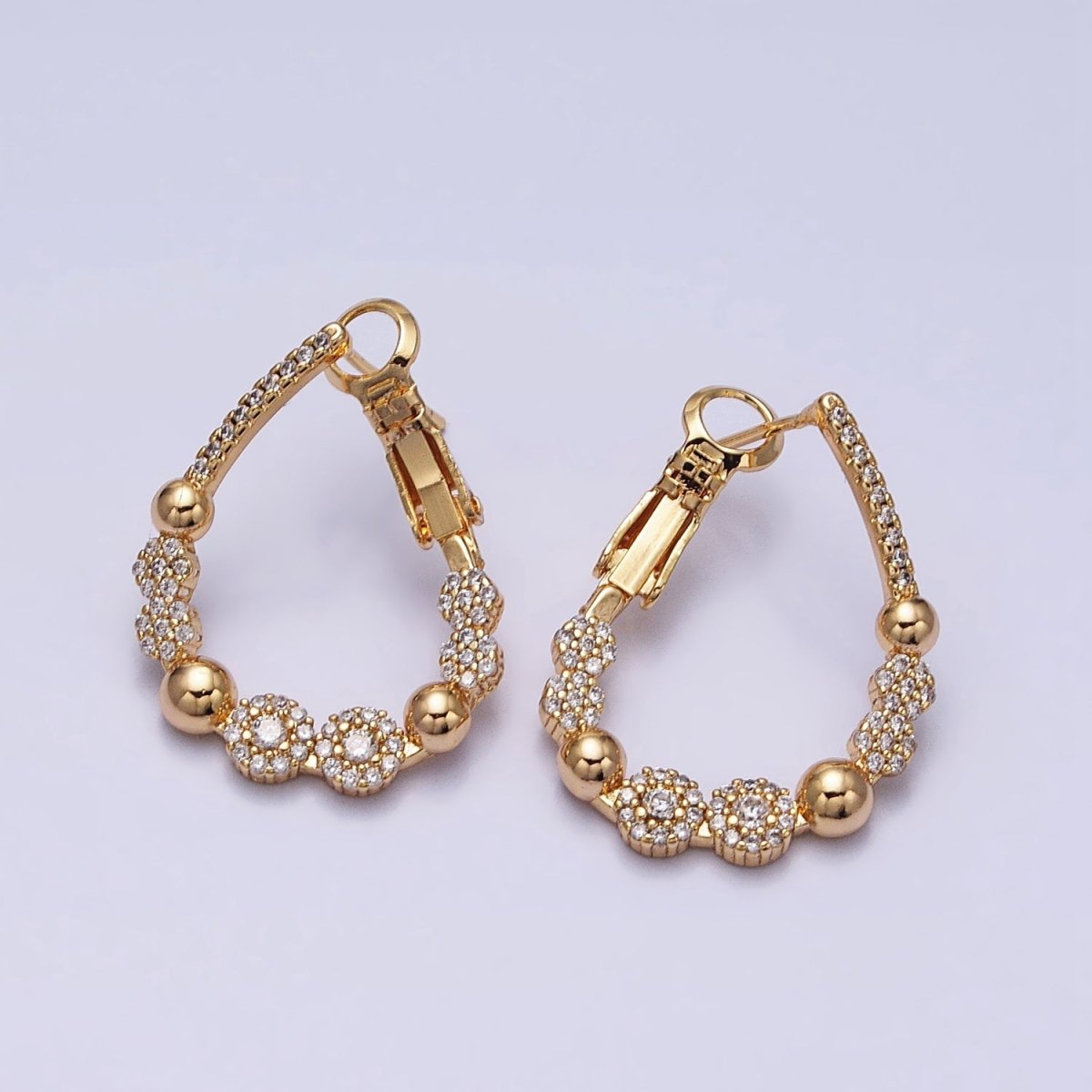 16K Gold plated Beaded Bubble Rounded Micro Paved CZ Teardrop Front-Facing Hinge Hoop Earrings in Gold & Silver | AD905 AD906