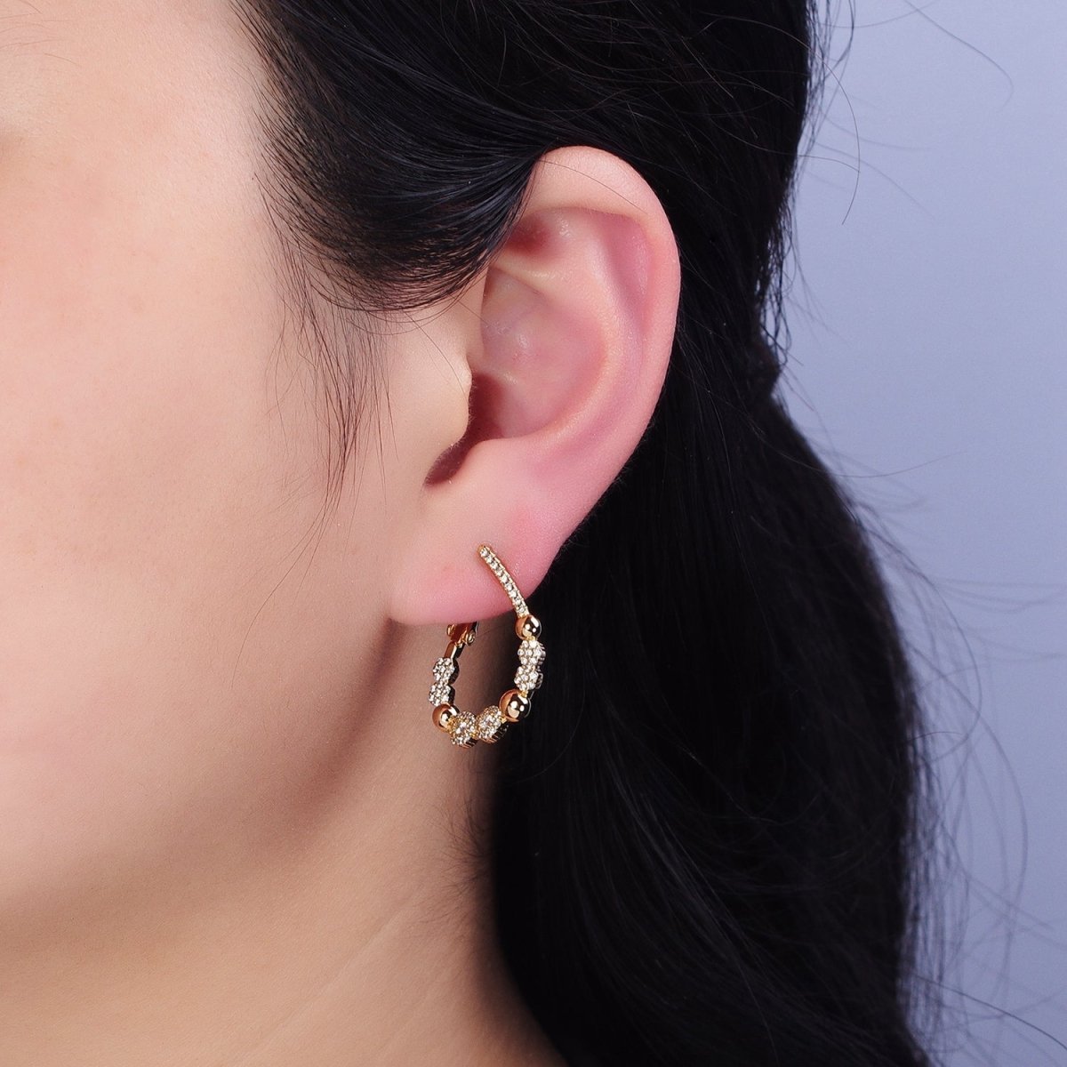 16K Gold plated Beaded Bubble Rounded Micro Paved CZ Teardrop Front-Facing Hinge Hoop Earrings in Gold & Silver | AD905 AD906