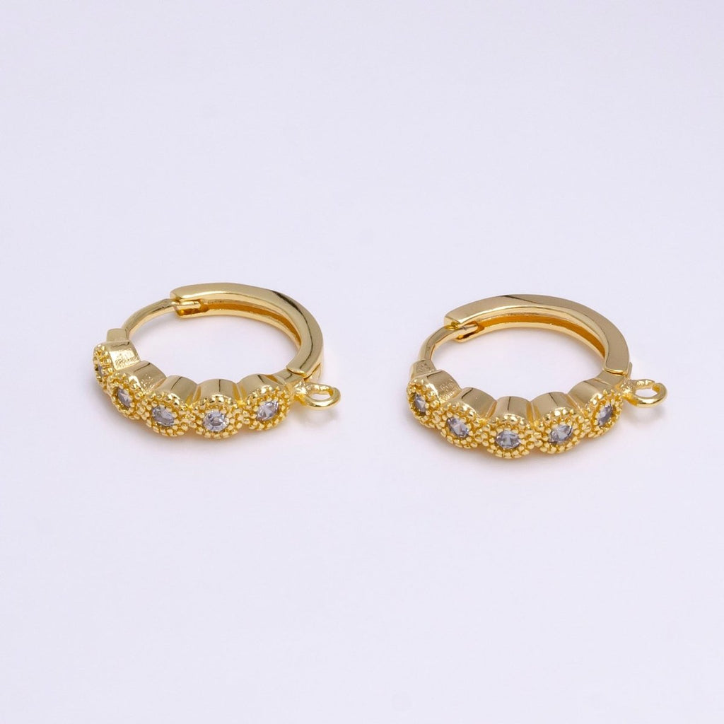 16K Gold plated Beaded Round Clear CZ Lined 16.5mm Open Loop Huggie Earrings Supply | Z-912 - DLUXCA