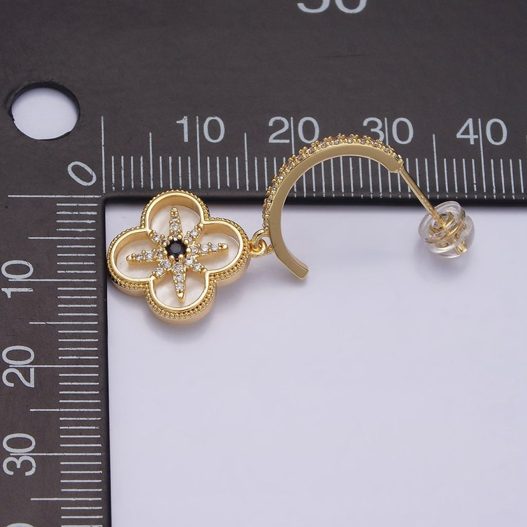 16K Gold plated Black Celestial North Star Shell Pearl Quatrefoil Drop Micro Paved C-Shaped Hoop Earrings in Gold & Silver | AD-341 AD-342