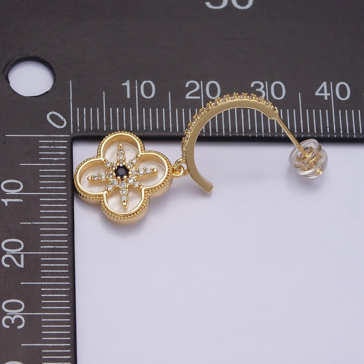 16K Gold plated Black Celestial North Star Shell Pearl Quatrefoil Drop Micro Paved C-Shaped Hoop Earrings in Gold & Silver | AD-341 AD-342
