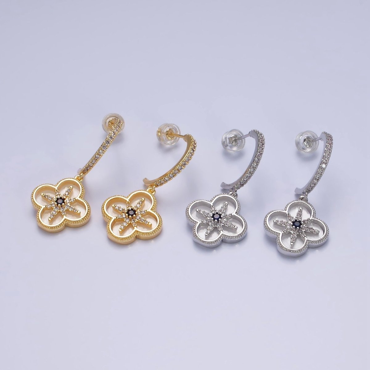 16K Gold plated Black Celestial North Star Shell Pearl Quatrefoil Drop Micro Paved C-Shaped Hoop Earrings in Gold & Silver | AD-341 AD-342