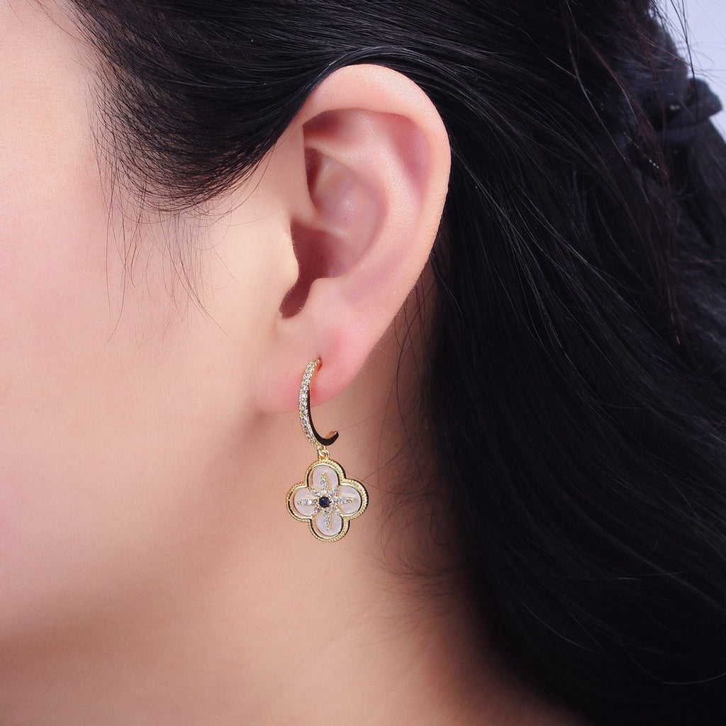 16K Gold plated Black Celestial North Star Shell Pearl Quatrefoil Drop Micro Paved C-Shaped Hoop Earrings in Gold & Silver | AD-341 AD-342
