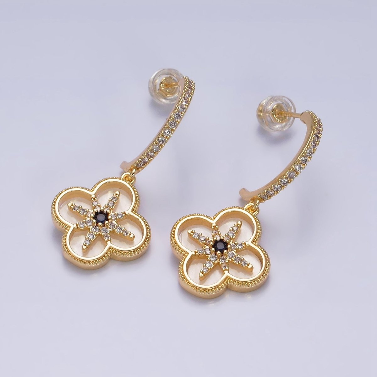 16K Gold plated Black Celestial North Star Shell Pearl Quatrefoil Drop Micro Paved C-Shaped Hoop Earrings in Gold & Silver | AD-341 AD-342