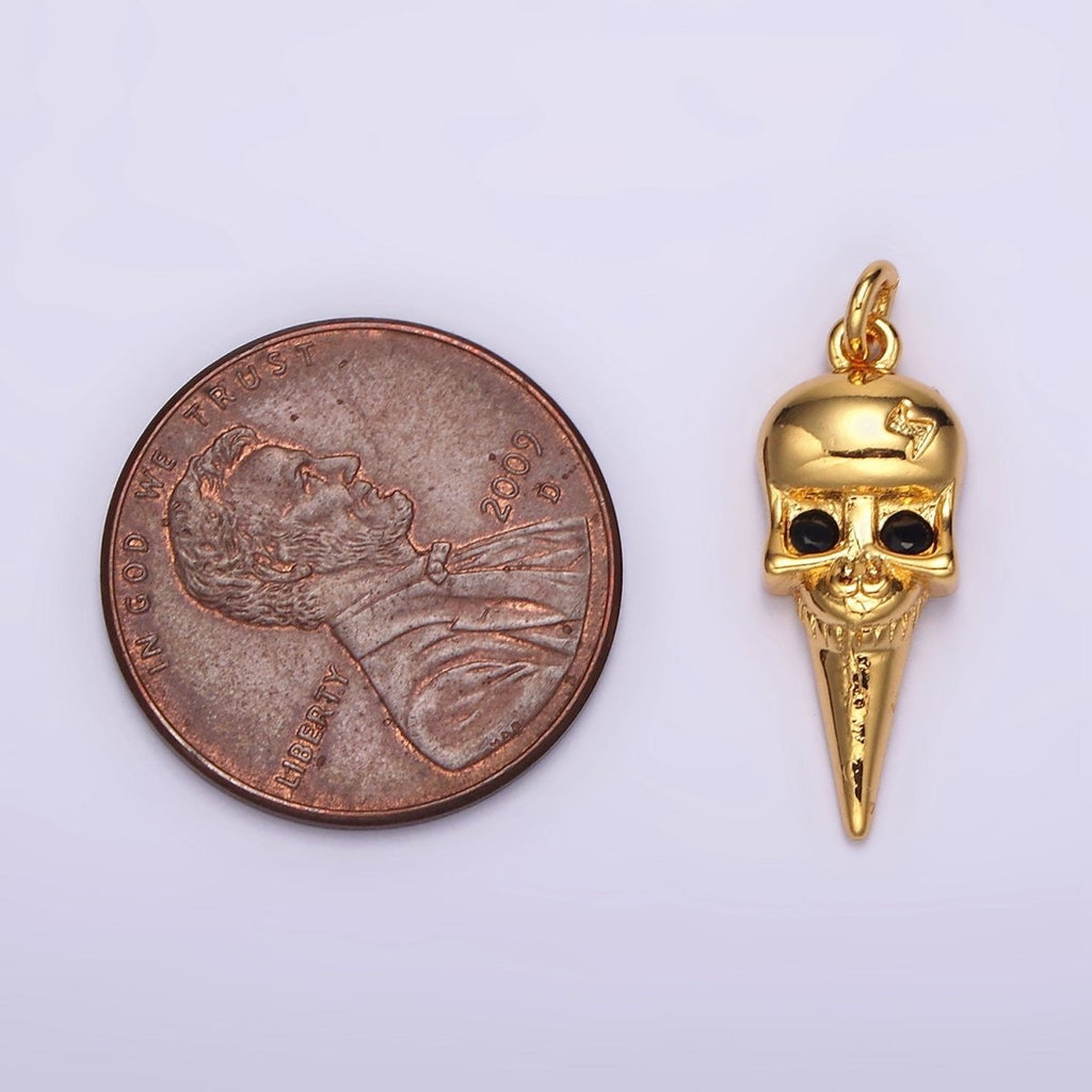 16K Gold plated Black CZ Eyed Lightning Bolt Skeleton Skull Spiked Charm | AC857 - DLUXCA