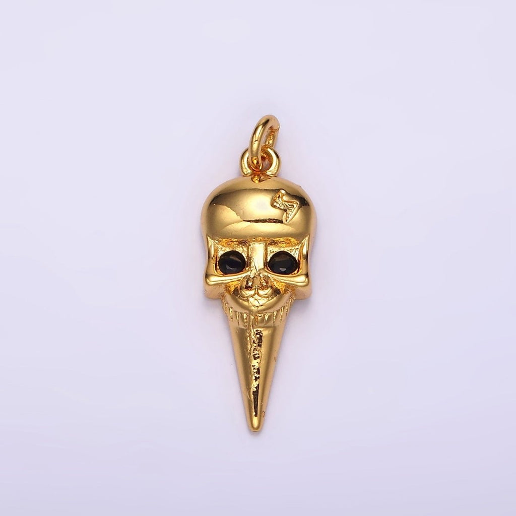 16K Gold plated Black CZ Eyed Lightning Bolt Skeleton Skull Spiked Charm | AC857 - DLUXCA