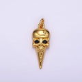 16K Gold plated Black CZ Eyed Lightning Bolt Skeleton Skull Spiked Charm | AC857 - DLUXCA