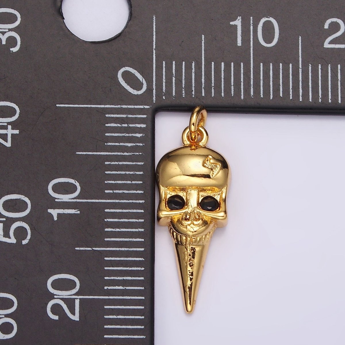 16K Gold plated Black CZ Eyed Lightning Bolt Skeleton Skull Spiked Charm | AC857 - DLUXCA