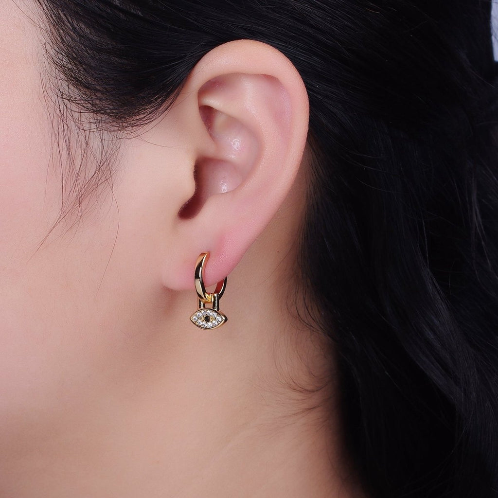 16K Gold plated Black Evil Eye Micro Paved Drop Huggie Earrings in Gold & Silver | AD1265 AD1266 - DLUXCA