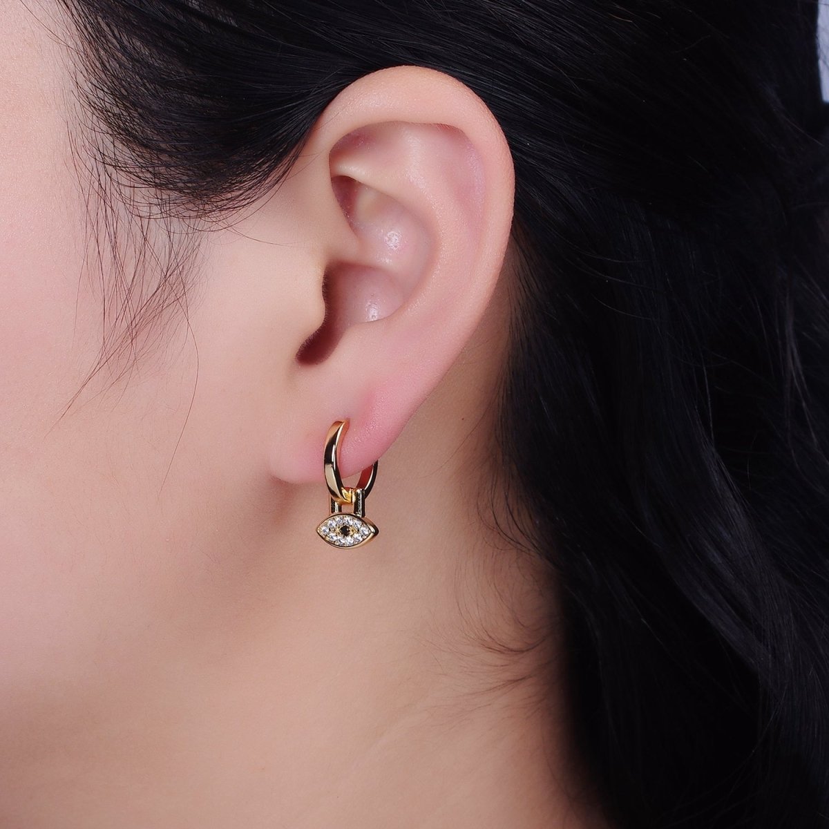 16K Gold plated Black Evil Eye Micro Paved Drop Huggie Earrings in Gold & Silver | AD1265 AD1266 - DLUXCA