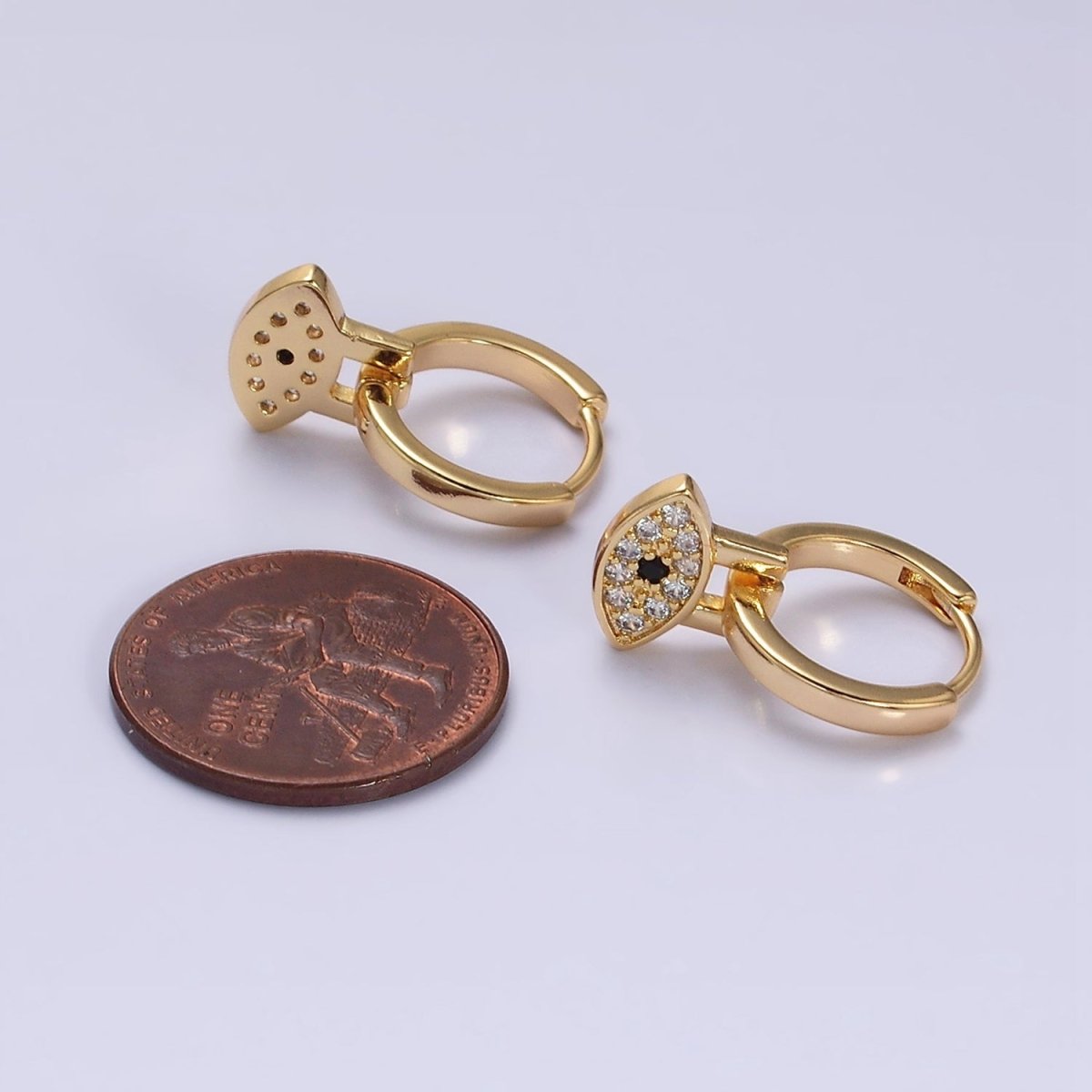 16K Gold plated Black Evil Eye Micro Paved Drop Huggie Earrings in Gold & Silver | AD1265 AD1266 - DLUXCA