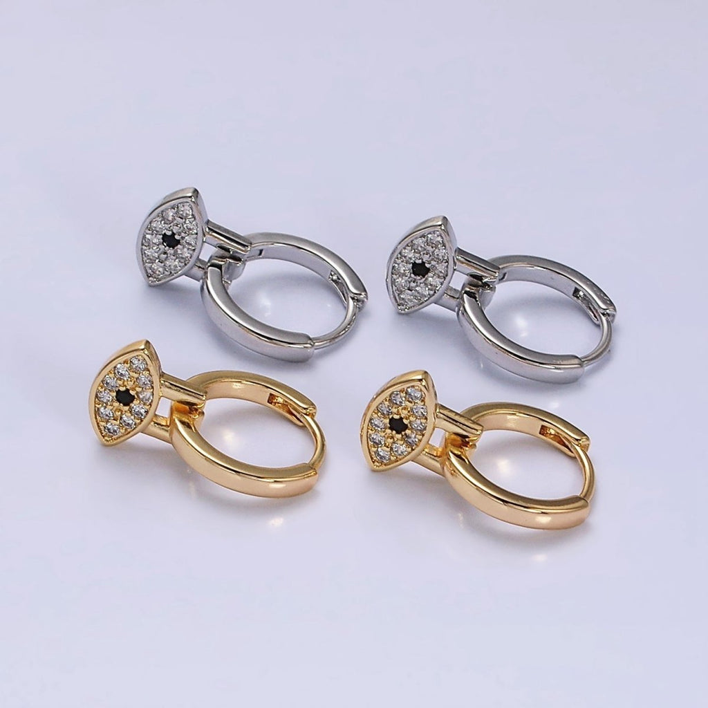 16K Gold plated Black Evil Eye Micro Paved Drop Huggie Earrings in Gold & Silver | AD1265 AD1266 - DLUXCA