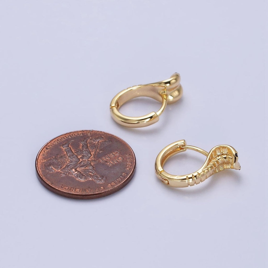 16K Gold plated Black-Eyed CZ Scaled Serpent Snake 12mm Cartilage Huggie Earrings in Silver & Gold | AB462 AB468 - DLUXCA