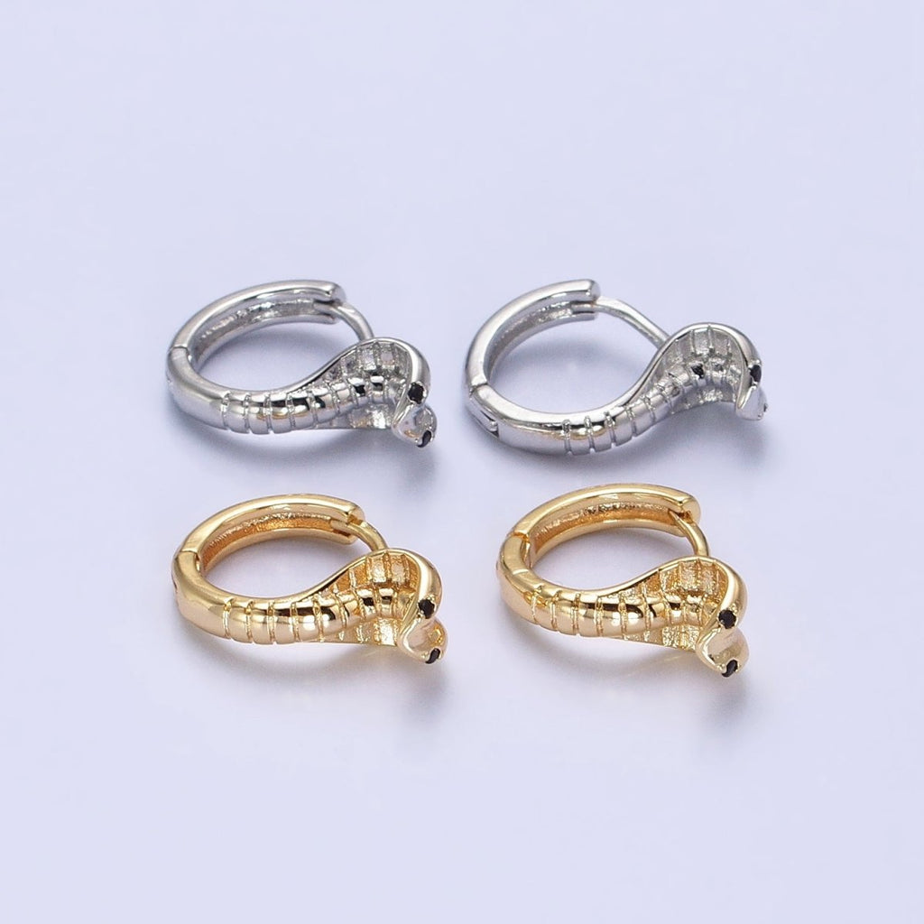 16K Gold plated Black-Eyed CZ Scaled Serpent Snake 12mm Cartilage Huggie Earrings in Silver & Gold | AB462 AB468 - DLUXCA