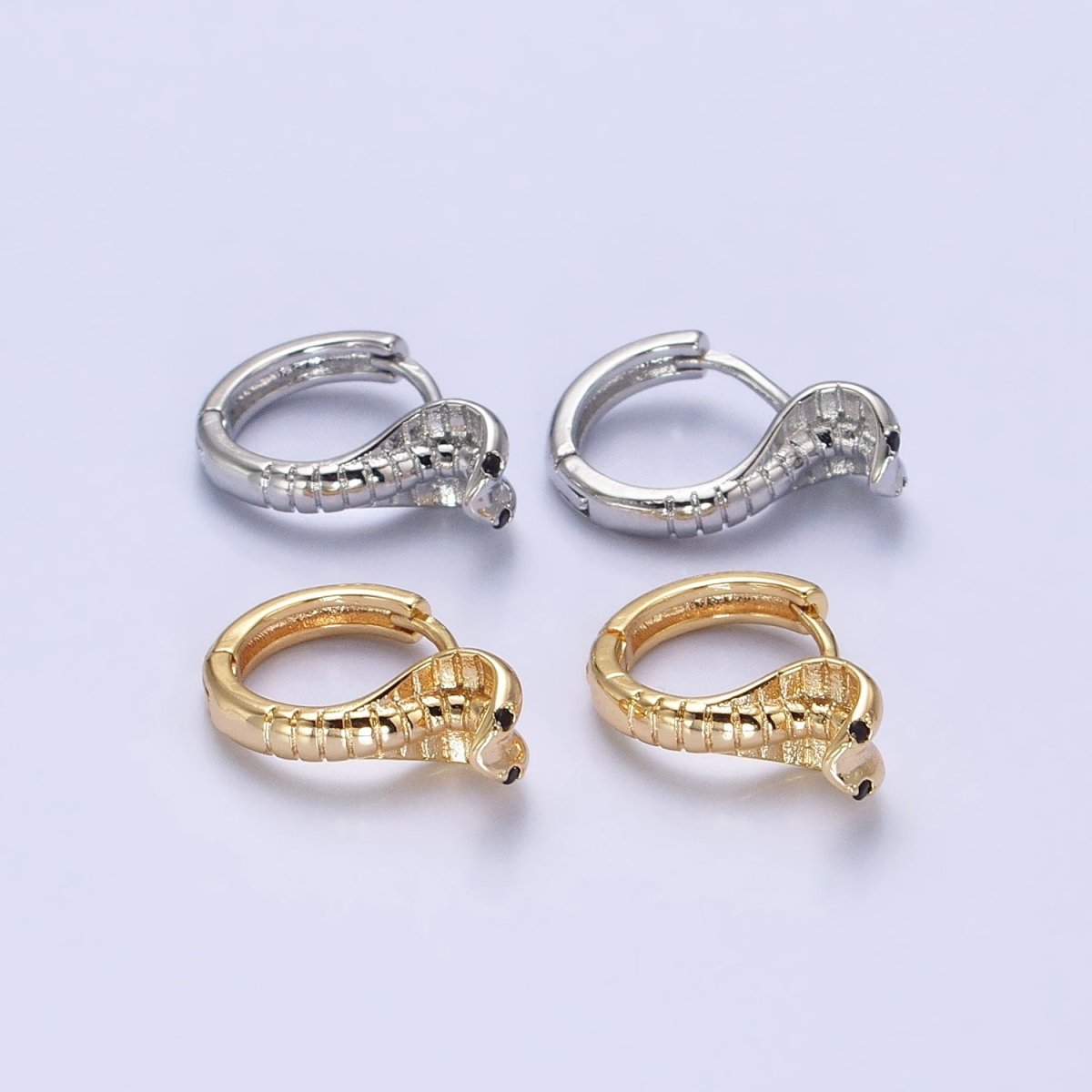 16K Gold plated Black-Eyed CZ Scaled Serpent Snake 12mm Cartilage Huggie Earrings in Silver & Gold | AB462 AB468 - DLUXCA