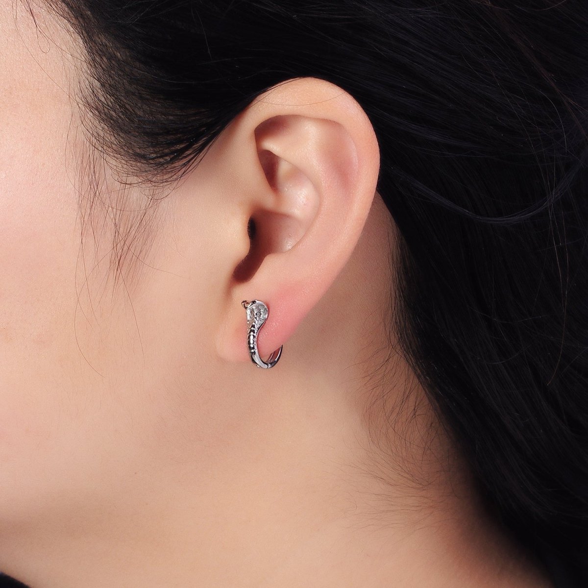 16K Gold plated Black-Eyed CZ Scaled Serpent Snake 12mm Cartilage Huggie Earrings in Silver & Gold | AB462 AB468 - DLUXCA