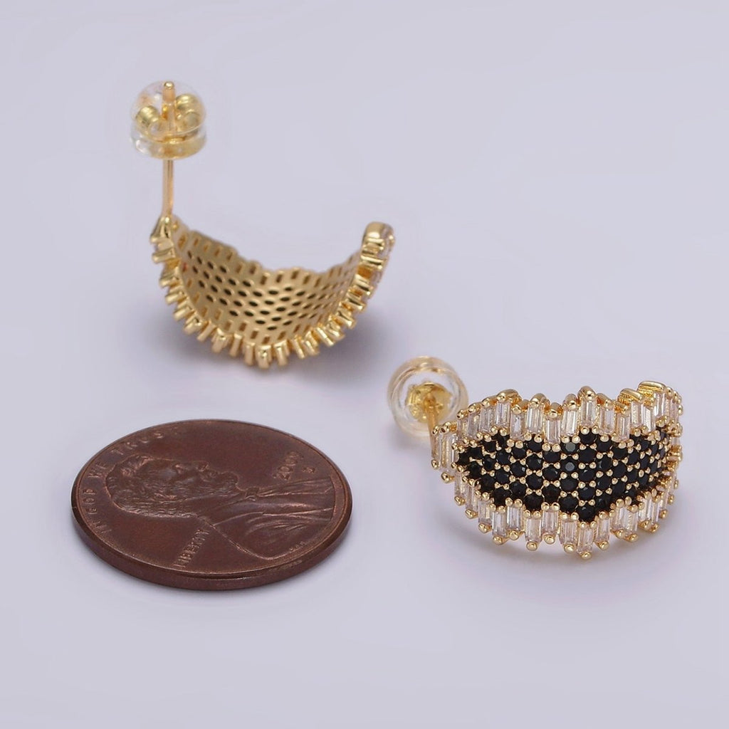 16K Gold plated Black Micro Paved CZ Baguette Abstract C-Shaped Hoop Earrings | AE351 - DLUXCA