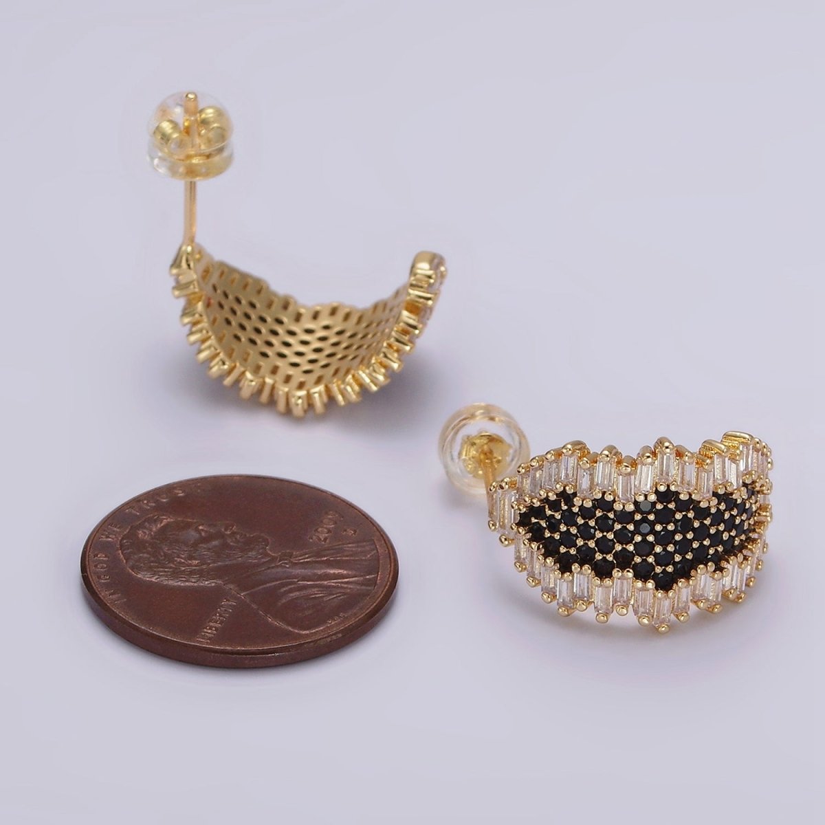 16K Gold plated Black Micro Paved CZ Baguette Abstract C-Shaped Hoop Earrings | AE351 - DLUXCA