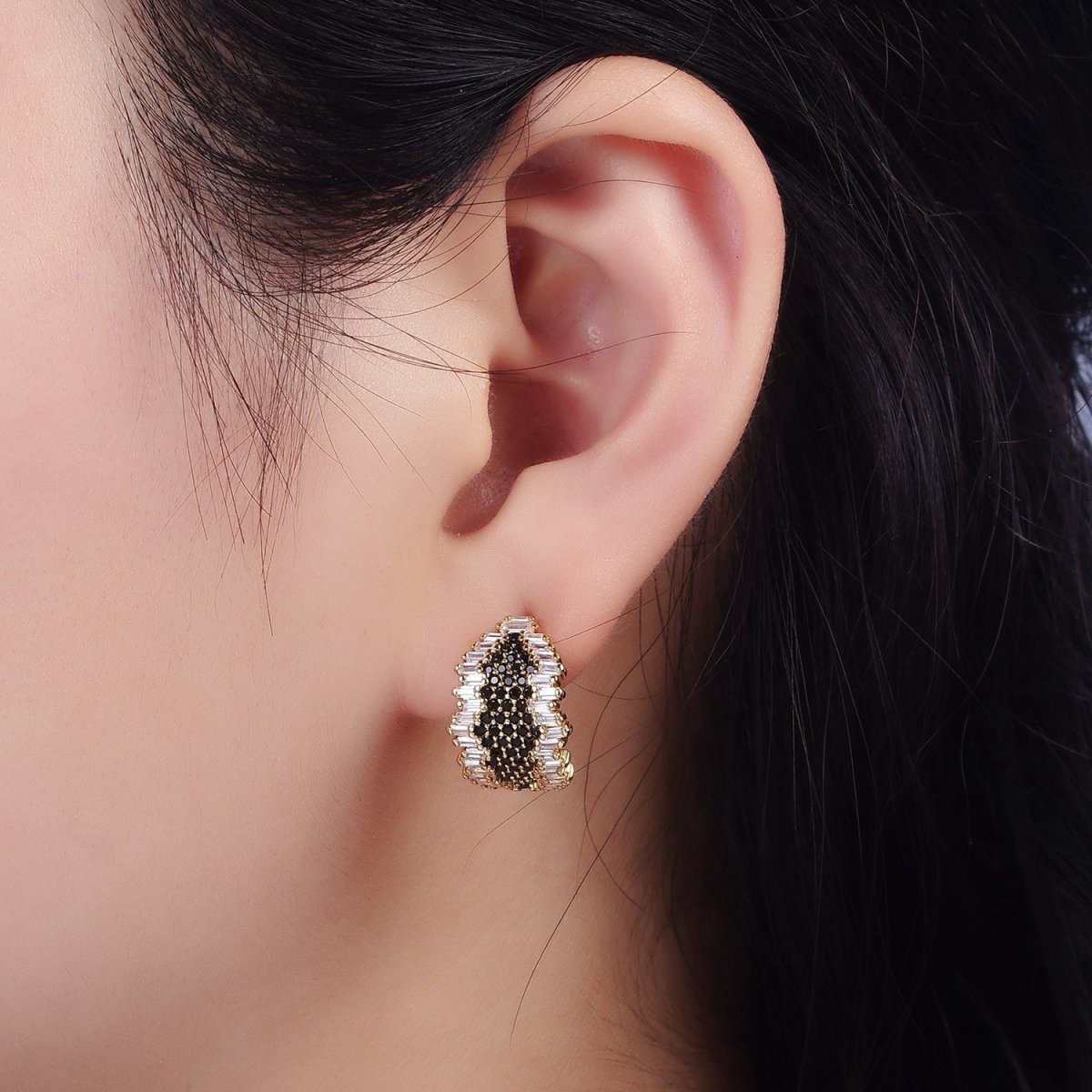 16K Gold plated Black Micro Paved CZ Baguette Abstract C-Shaped Hoop Earrings | AE351 - DLUXCA