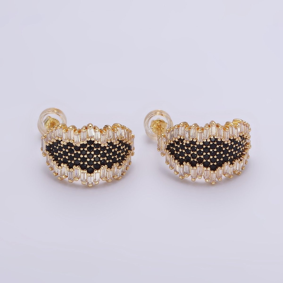 16K Gold plated Black Micro Paved CZ Baguette Abstract C-Shaped Hoop Earrings | AE351 - DLUXCA