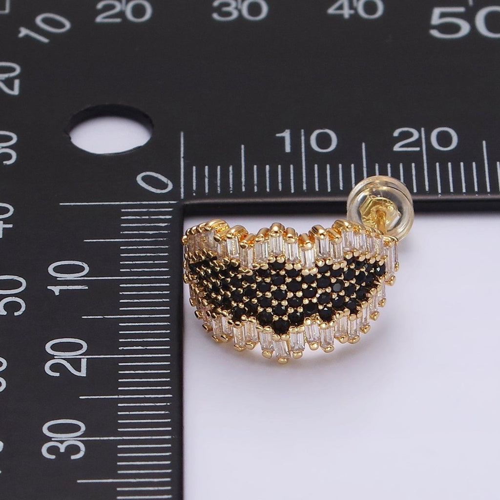 16K Gold plated Black Micro Paved CZ Baguette Abstract C-Shaped Hoop Earrings | AE351 - DLUXCA
