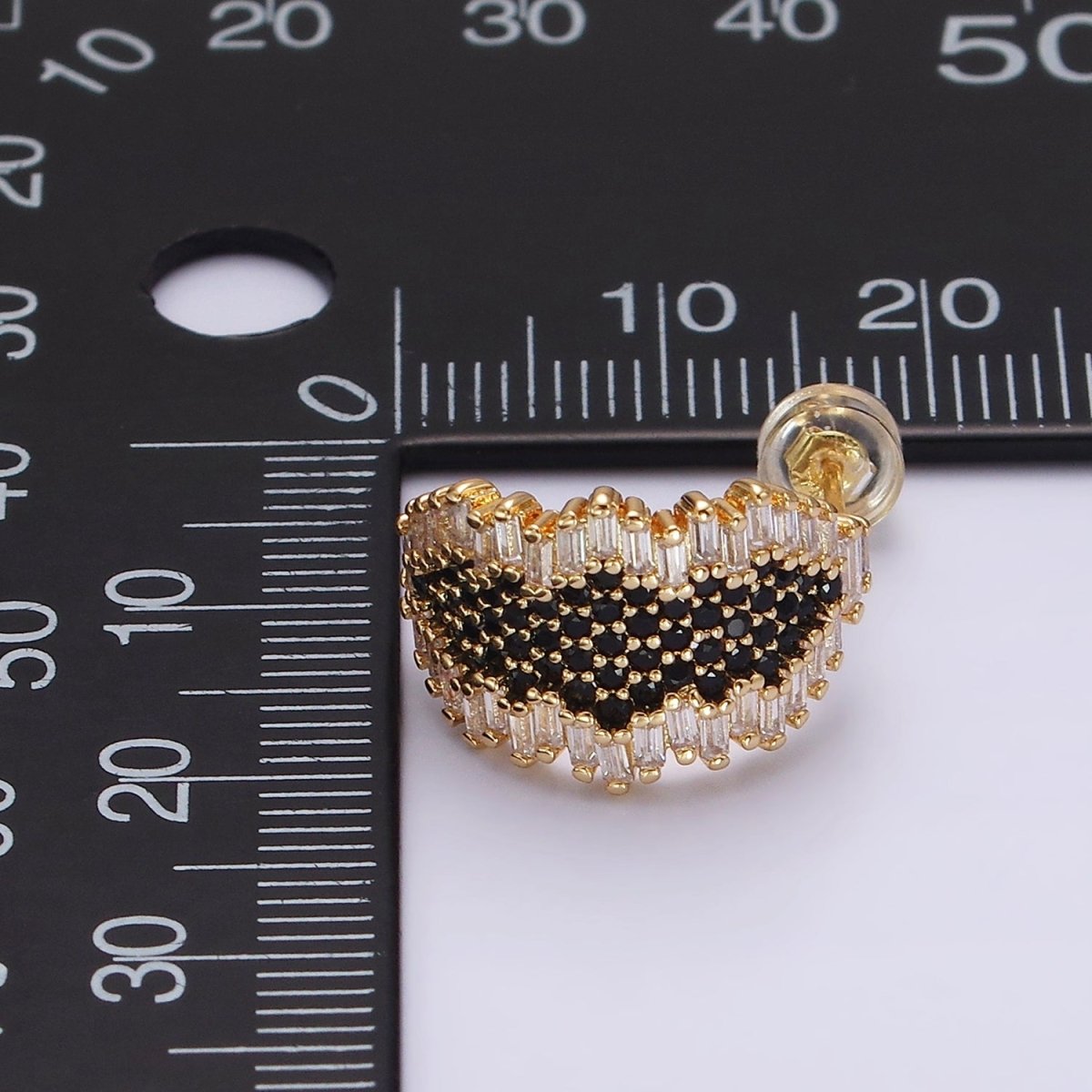 16K Gold plated Black Micro Paved CZ Baguette Abstract C-Shaped Hoop Earrings | AE351 - DLUXCA