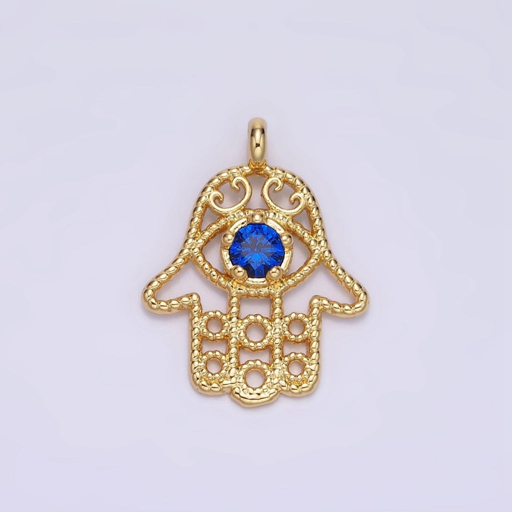 16K Gold plated Blue CZ Elaborate Twisted Open Hamsa Hand Pendant | N1522 - DLUXCA