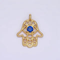 16K Gold plated Blue CZ Elaborate Twisted Open Hamsa Hand Pendant | N1522 - DLUXCA