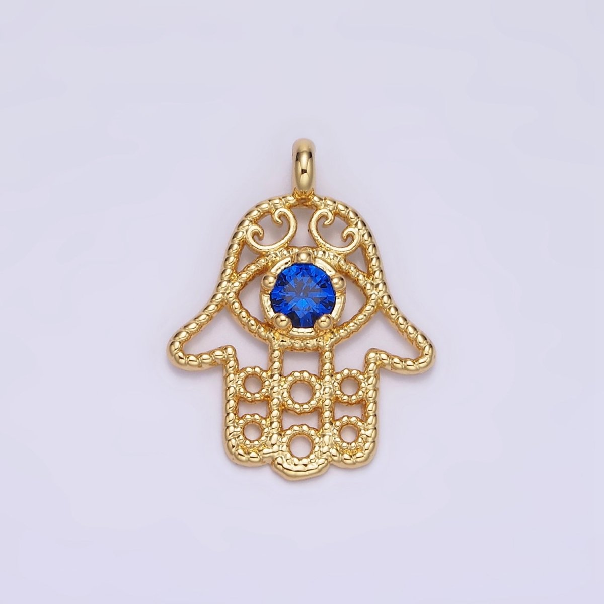 16K Gold plated Blue CZ Elaborate Twisted Open Hamsa Hand Pendant | N1522 - DLUXCA