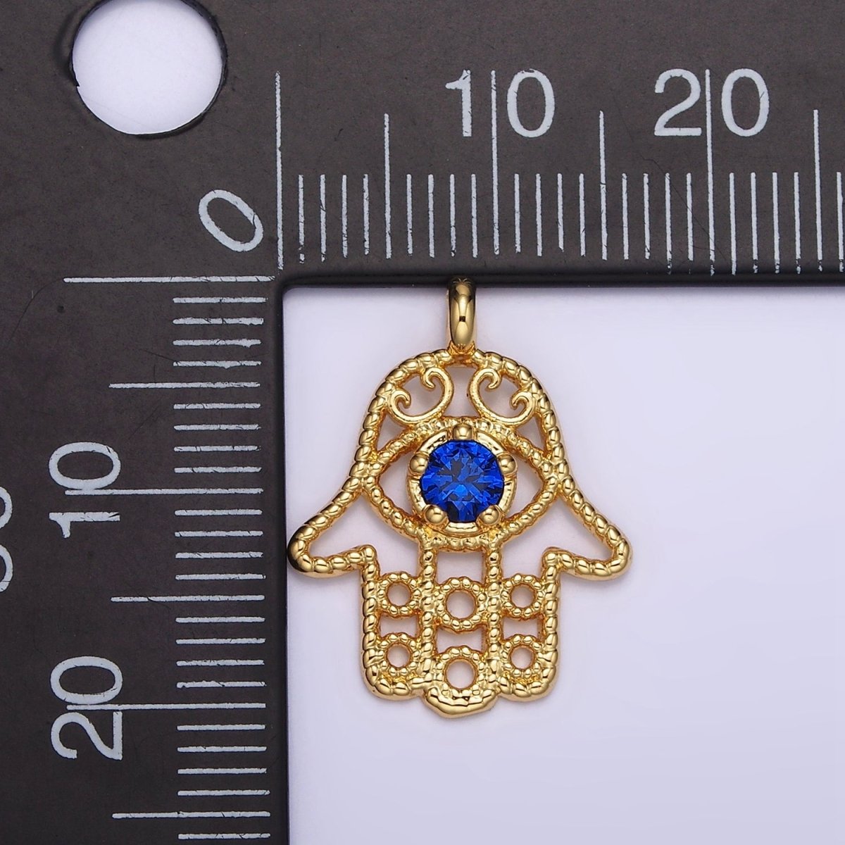 16K Gold plated Blue CZ Elaborate Twisted Open Hamsa Hand Pendant | N1522 - DLUXCA