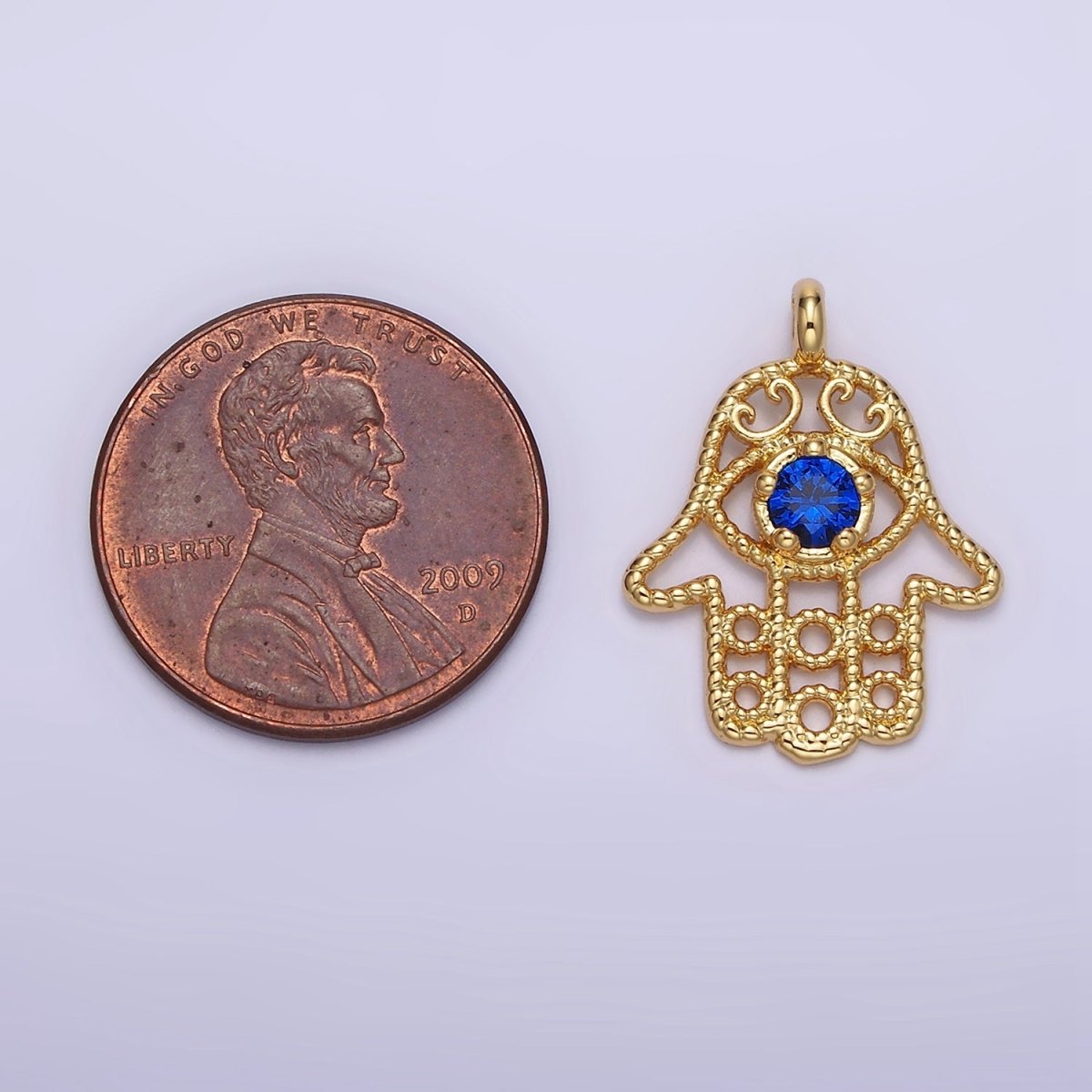 16K Gold plated Blue CZ Elaborate Twisted Open Hamsa Hand Pendant | N1522 - DLUXCA