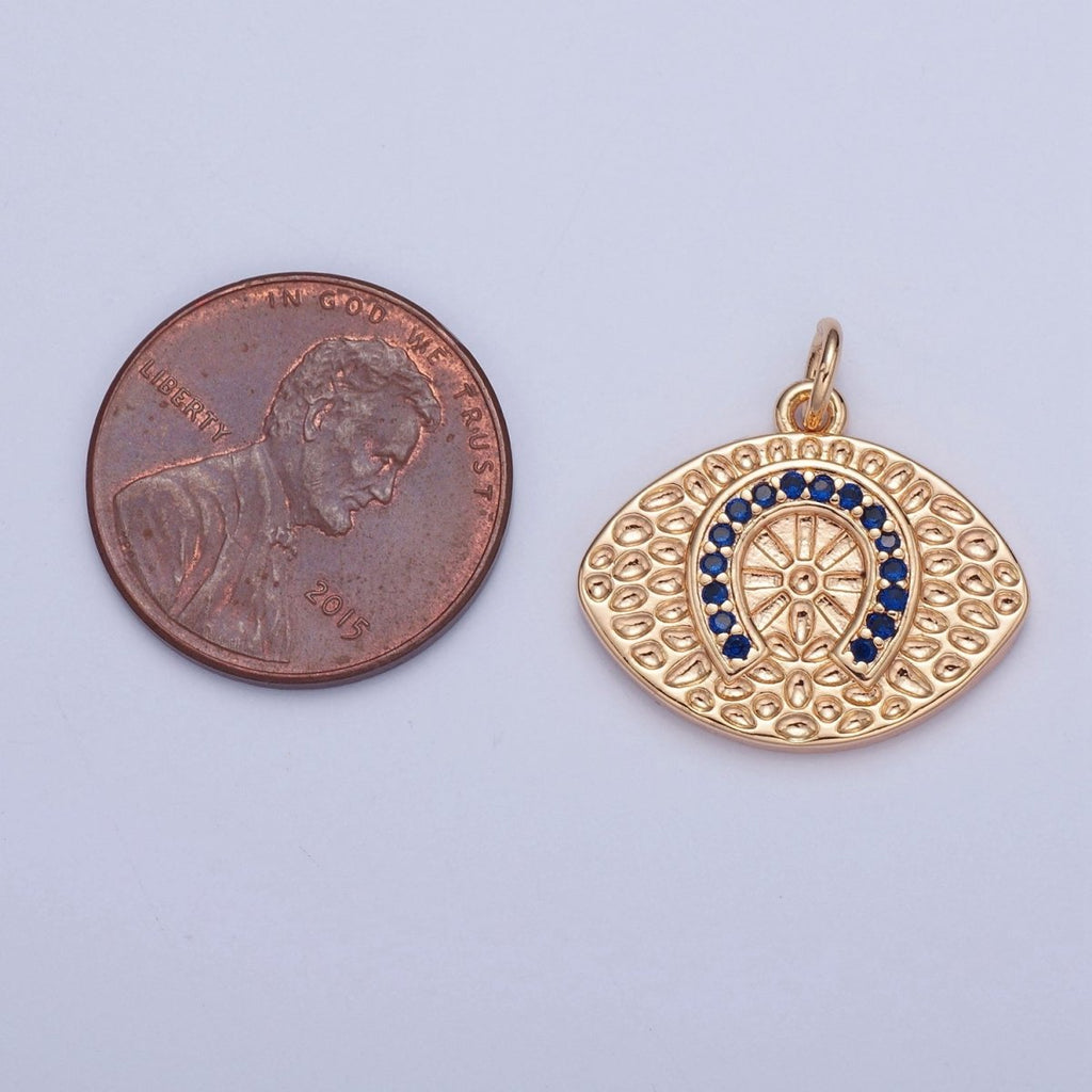 16K Gold plated Blue CZ Horseshoe Evil Eye Hammered Luck Protection Charm | W-312 - DLUXCA